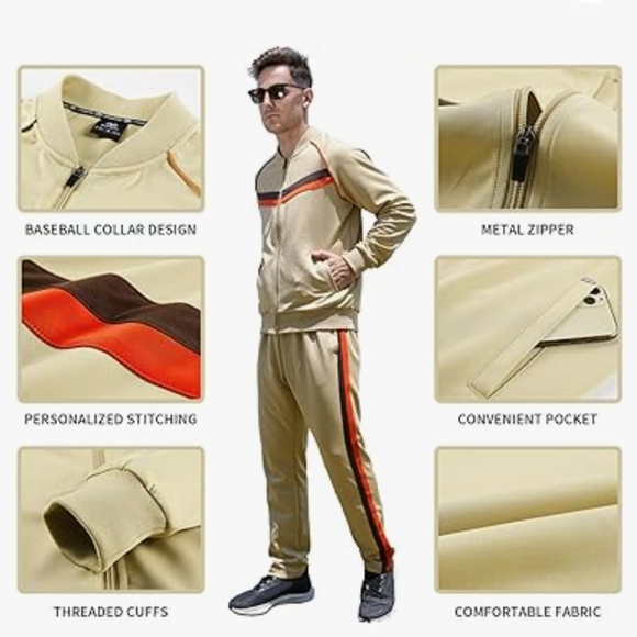 Jian Wang Tracksuit Long Sleeve Jogging Suit 2 Piece Size 2XL Tan - Picture 2 of 12